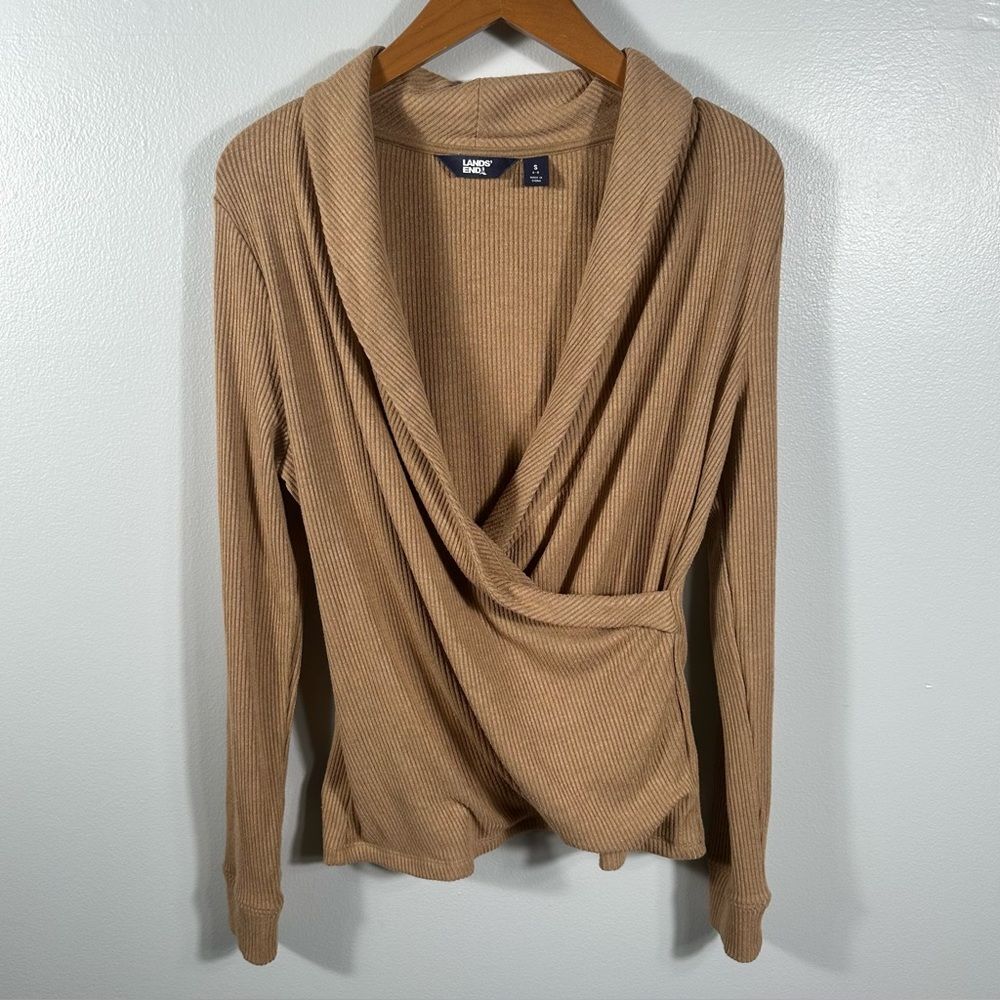 Land's End Tan Cozy Ribbed Wrap Front Sweater Top Size Small Shawl Collar Office